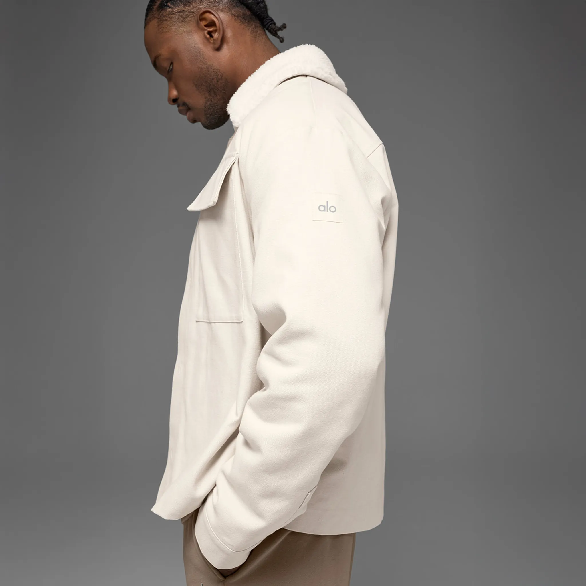 Side View of Alo Yoga Canvas Utility Bone Shacket Jacket